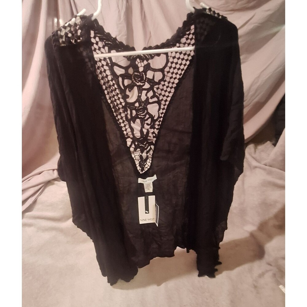 NINE WEST Women One Size Black Crochet Cardigan Cover-Up Wrap NWT - Picture 2 of 5